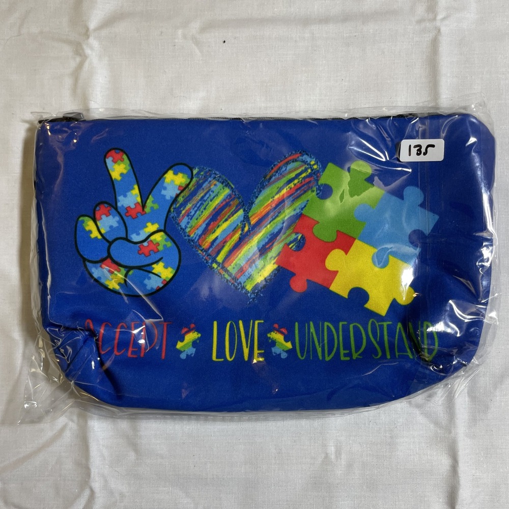 The Pouch Cosmetic Bag Blue NWT Autism Awareness Peace‎ Love Accept